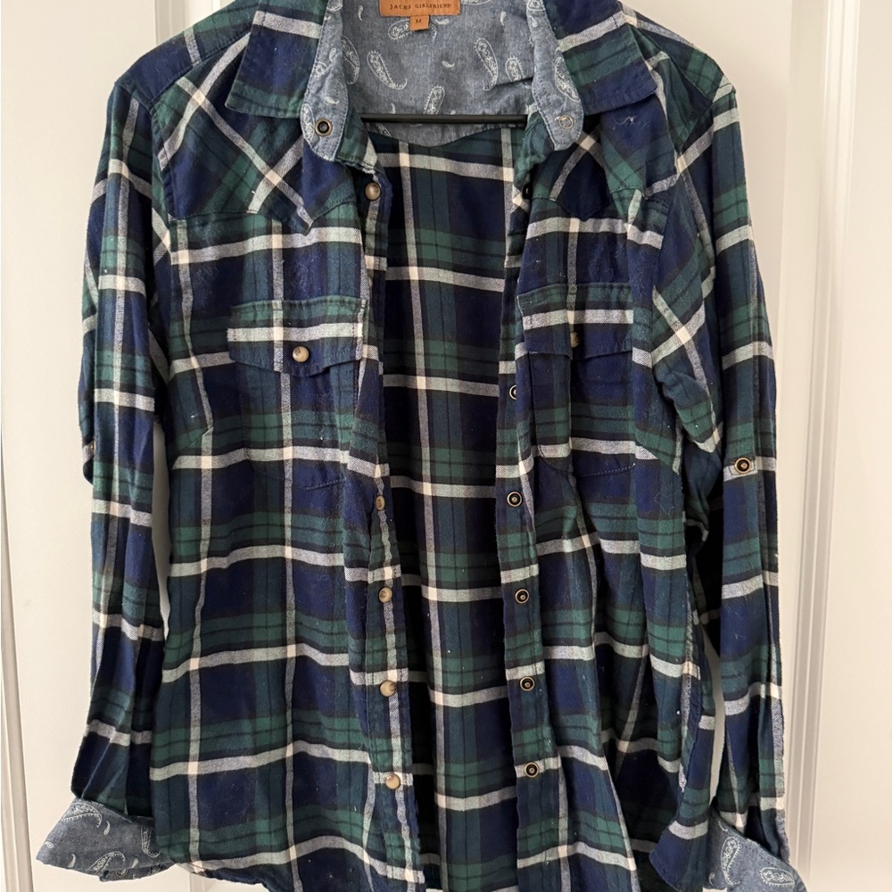 JACHS Girlfriend Green Navy Plaid Button-Down Shirt